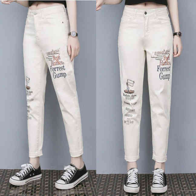 

Style embroidery English letter apricot Harlan Harajuku style BF hot drill cowboy dad pants heavy industry leisure