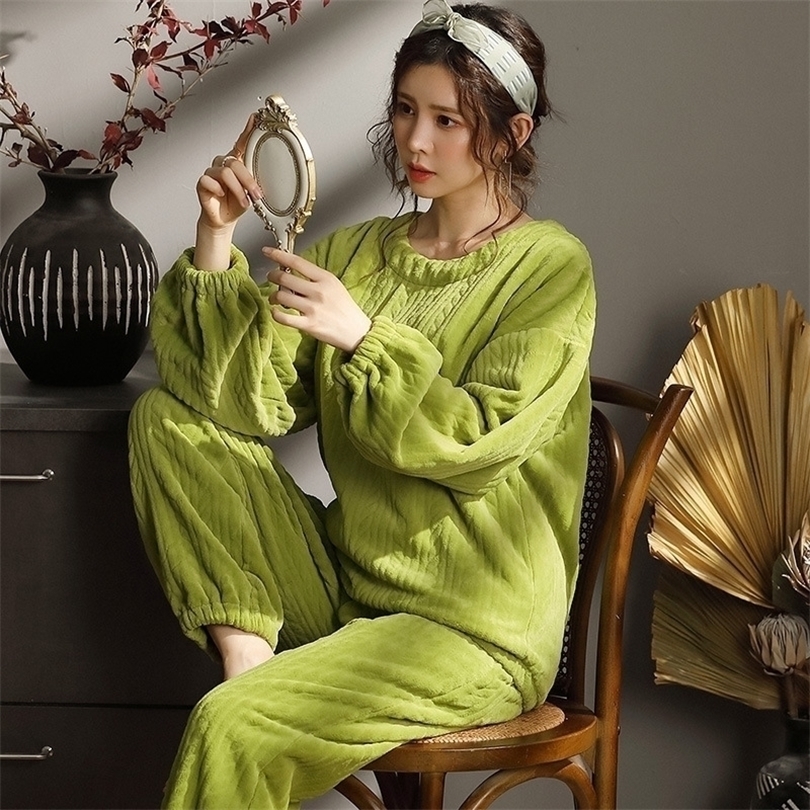 

Women Winter Home Clothes Flannel Homewear Female Winter Pajamas Warm Women Lounge Wear Thick Atoff Home Suit 201114, Beige