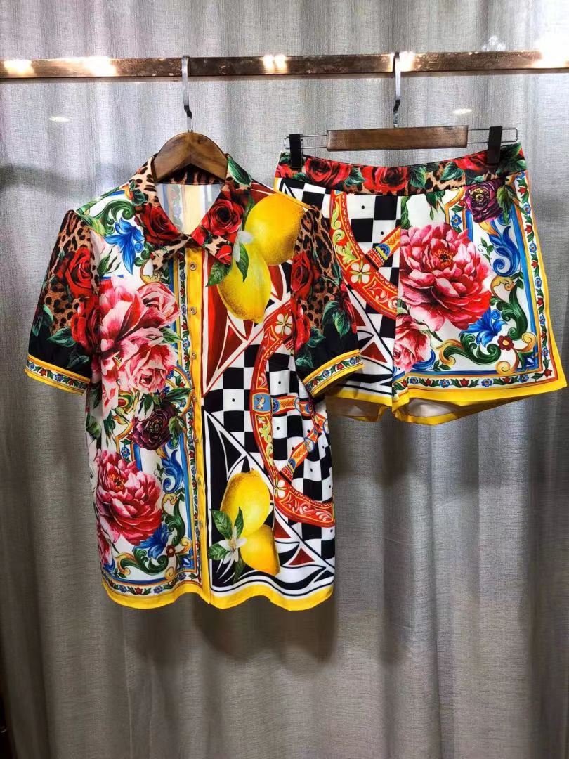

European and American high-quality two piece dress print shirt + shorts, As picture