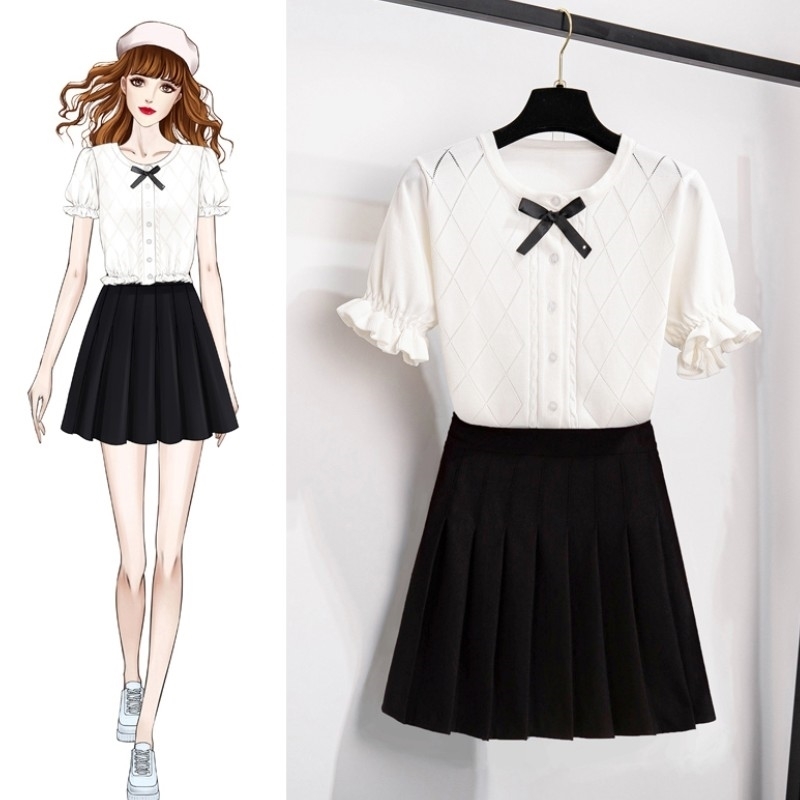 

Summer Two Piece Set Woman White knitting Short Sleeve Top And High Waist Pleated Mini Skirt Female Fashion Sweet Suit 210526, Photo color