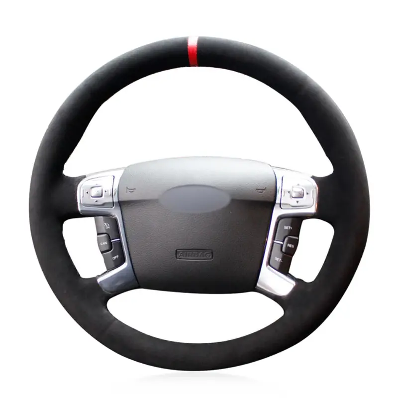 

Car Steering Wheel Cover Hand-stitched Red Marker Black Suede Anti-slip Soft For Ford Mondeo Mk4 2007-2012 S-Max 2008 Automotive interior
