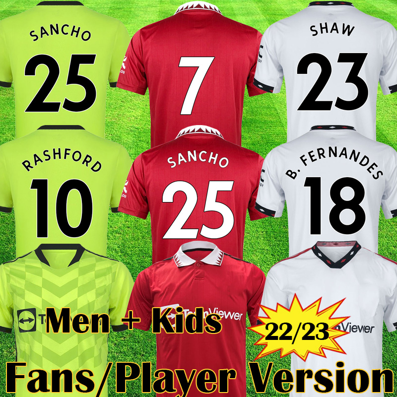 

2022 2023 SANCHO Player Version Soccer Jerseys VARANE BRUNO FERNANDES MANS UTDS RASHFORD Jersey Kids sets Man kit Football Shirt TELLES 21 22 23 MANs equipment, Kids home