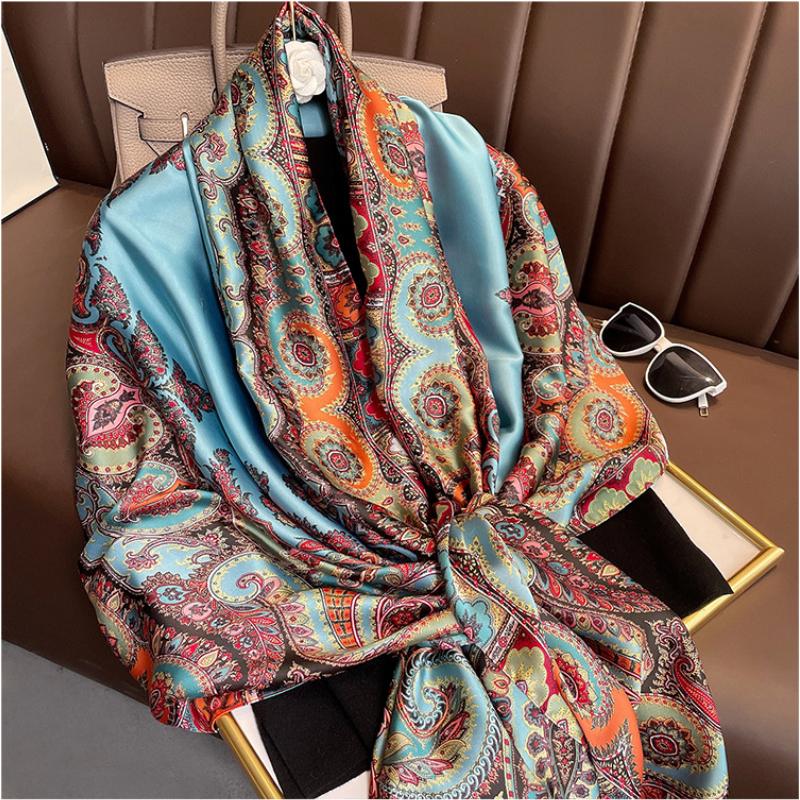 

Scarves Vintage Paisley Print Silk Scarf Women Luxury Long Bandana Foulard Femme Soft Stole Designer Muslim Head Hijab And ShawlScarvesScarv