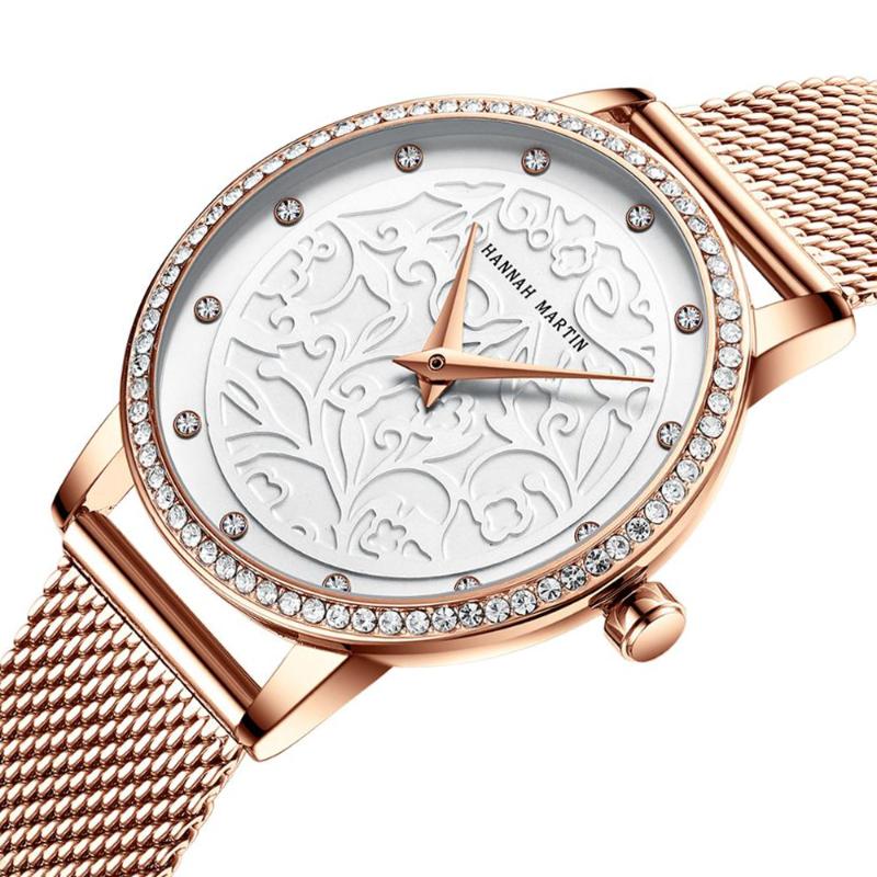 

Wristwatches Women Rhinestones Watches Fashion White Flower 3D Engraving Dial Face Japan Mov't Waterproof Top Ladies WatchesWristwatches, Hm-1073-bw