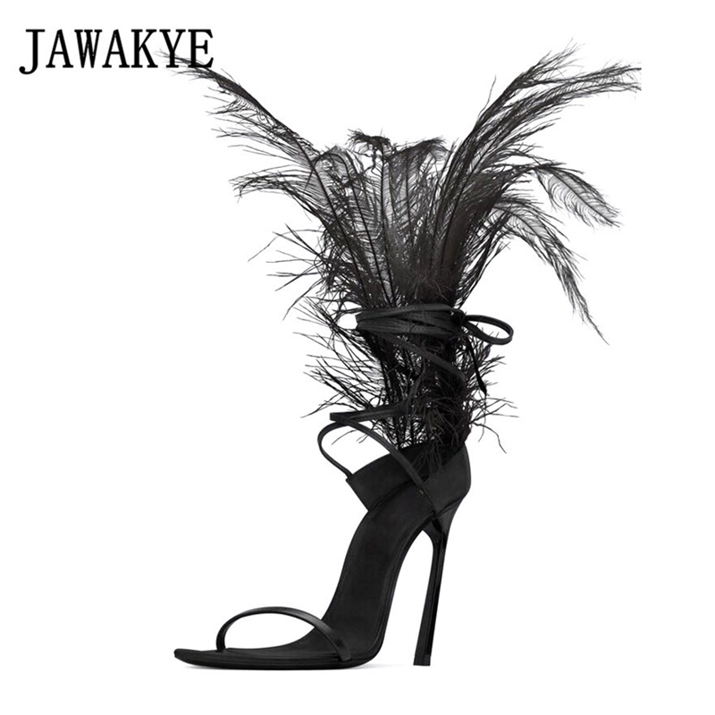 

JAWAKYE Black Feather Sandals for women Ostrich hair decor Thin high heels dance Shoes ladies Fur sandals T Show Party Shoes Y200405