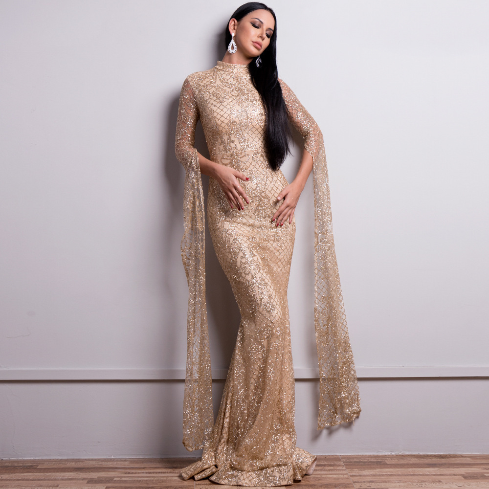 Étincelle Sirène Robe De Soirée Plus La Taille Dubaï 2022 Or Vert Émeraude Paillettes Caftan Abaya Col Haut Arabe Musulman Robe De Bal Formelle P