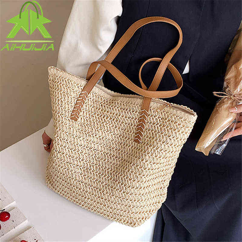 

Shopping Bagsfashion Straw Bag for Woman Summer Large Style Woven Handbag Bohemian Shoulder Bags Designer Ladies Travel Beach Tote Bags 220323, Khaki