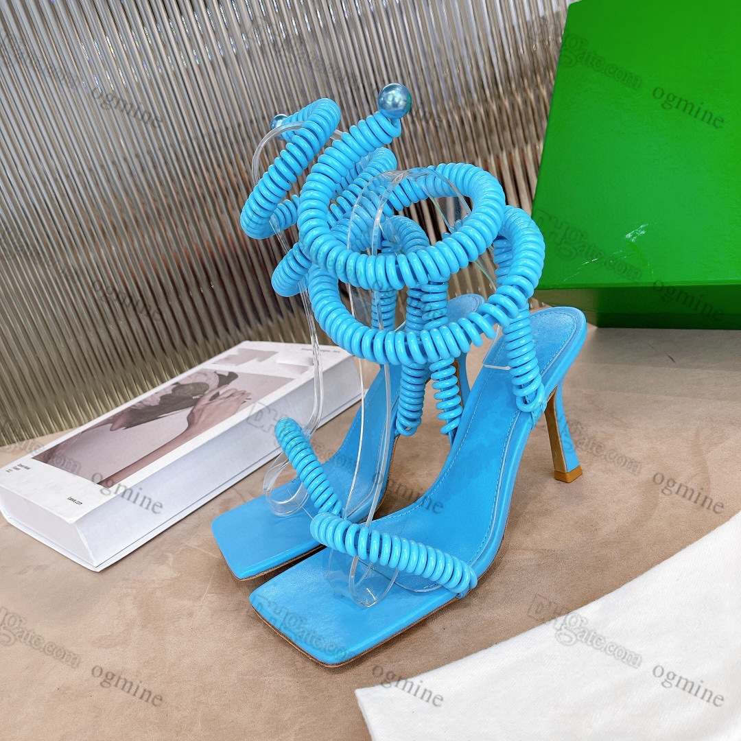 

2022 Designer Woman Dress Sandals Shoe Green ostrich Feather Dot WIRE SPARKLE STRETCH Flat botega High Heels Fur Shoes Womens Fashion Lady Mesh Square Toe Sandal 35-42, 1 blue [wire stretch]