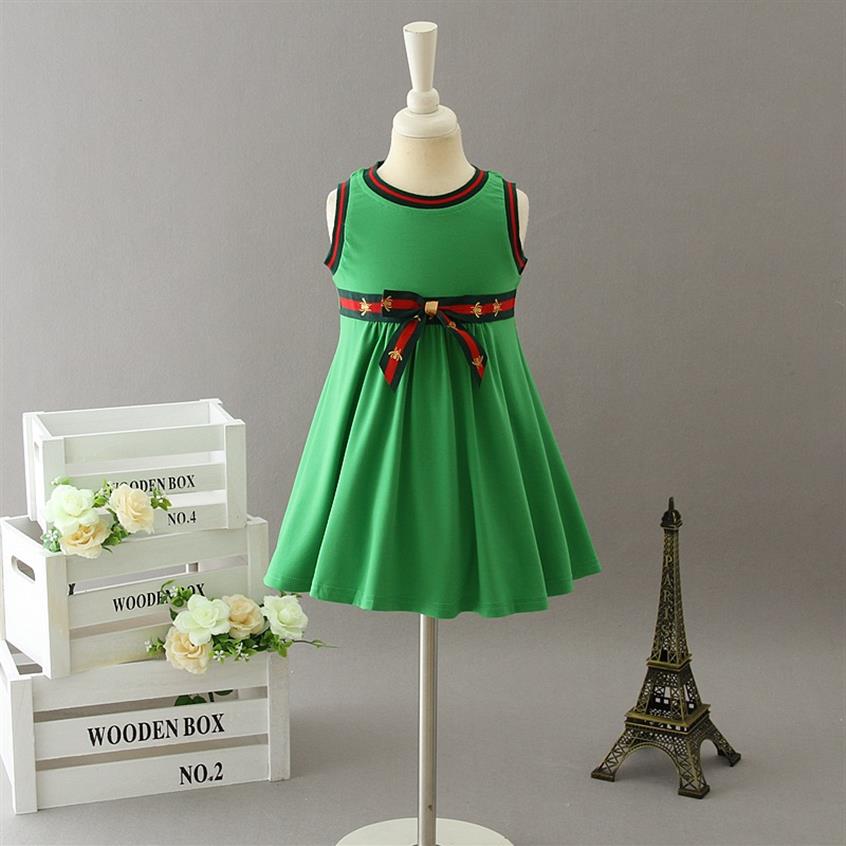 

Designer Children stripe Bow Vest Dresses 2021 Summer Girls bee embroidered pleated Dress Preppy style Kids Roman Cotton Clothing 309s, Red