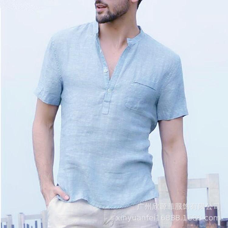 

Men' Casual Shirts Plus Size Men' Shirt Stand Collar Linen Short Sleeve Cross-Border -4xLMen, Black