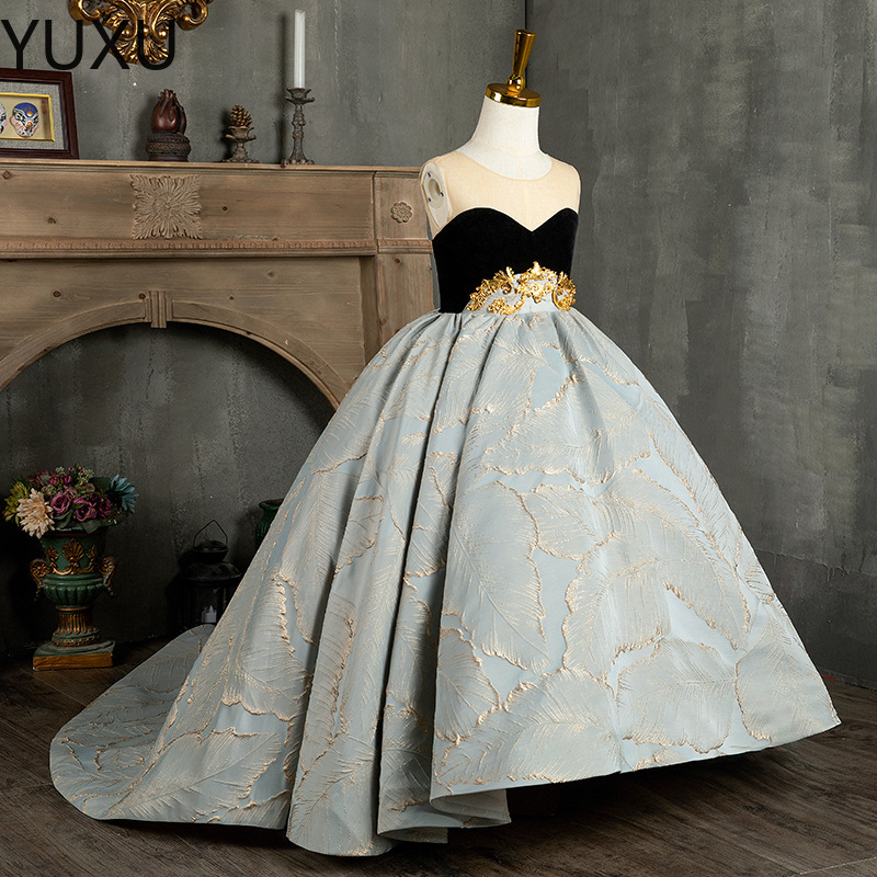 Dentelle Tulle Filles Pageant Robes Enfants Première Sainte Communion Superbe Robe De Princesse Robe De Bal Robe De Fête De Mariage Or Fleur Fill