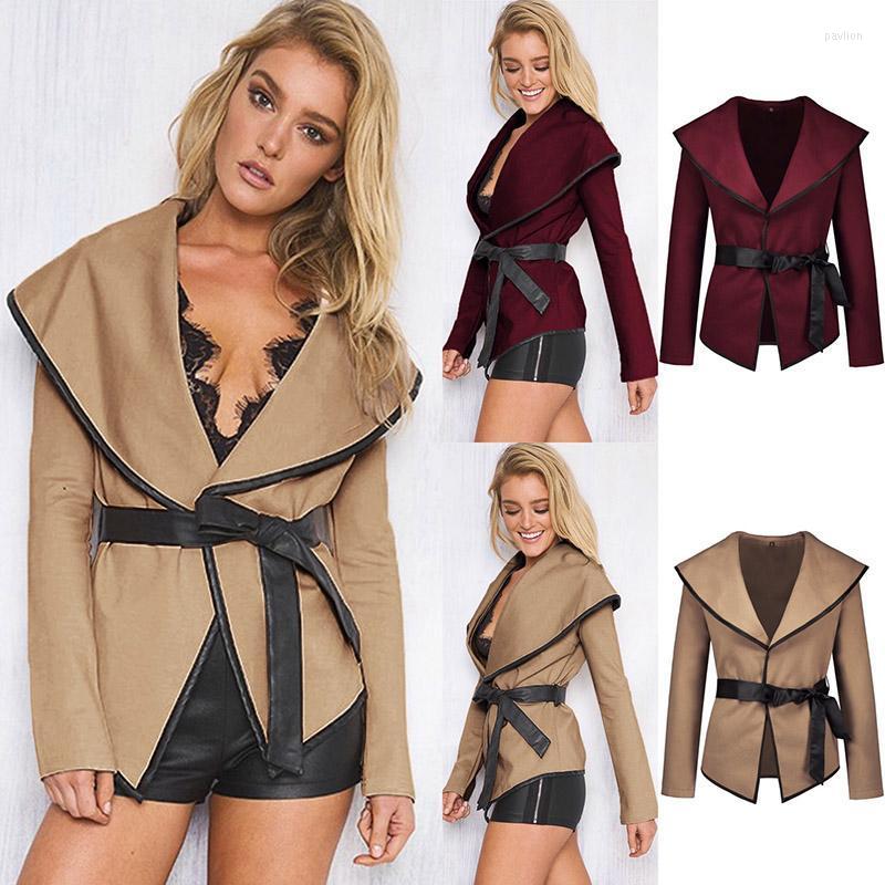 

Women's Jackets Selling Women Woolen Jacket With Belt Lapels Long Sleeve Casual Loose Coat For Autumn, Khaki