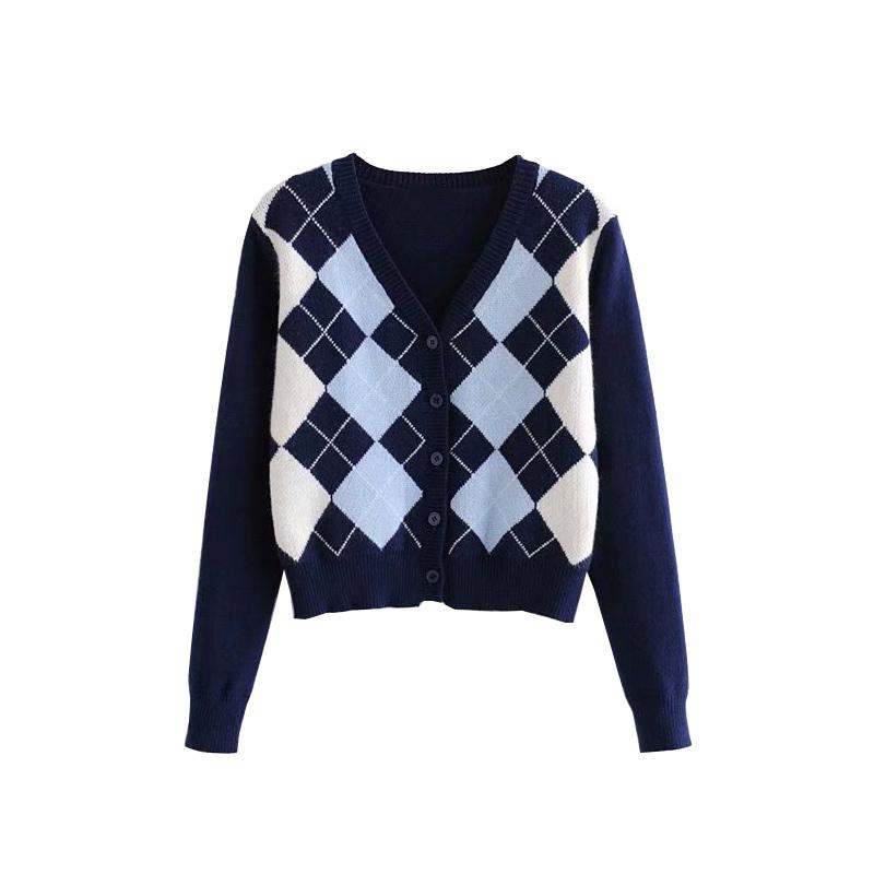 

Women's Knits & Tees Women Vintage V NECK Cardigan Grid Knitted Long Sleeve Sweater England Style Outerwear Button Up Femme Jersey Short Clo, White