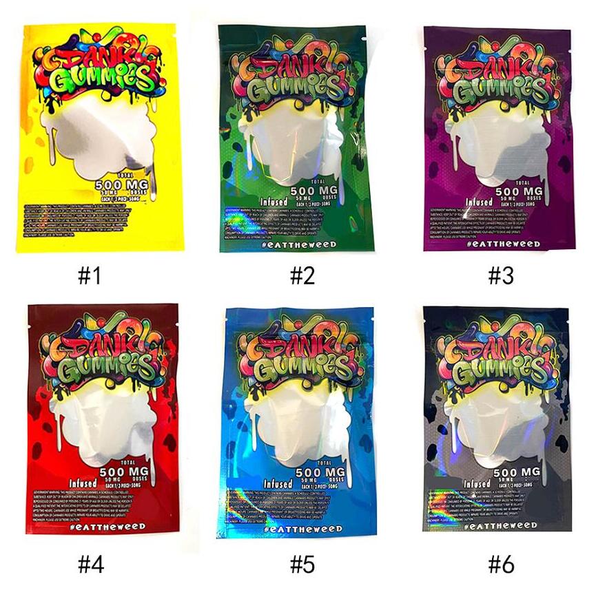 

6 color 500MG Dank Gummies Mylar Packing Bag Edibles Retail Zip Lock Packaging Bag Worms Bears Cubes Gummy for