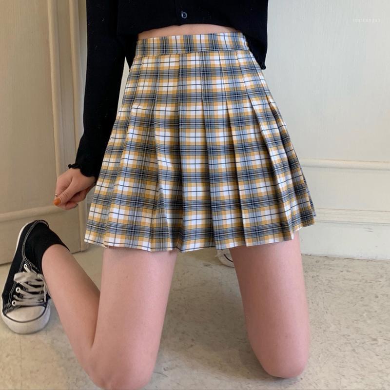 

Summer Korean Fashion Woman Mini Skirts A Line High Waist Pleated Plaid Buttocks Slim Preppy Style Sweet Skirt Female, Black