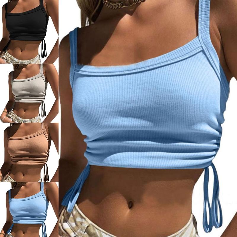 

Women' Tanks & Camis Women Sleeveless Basic Top Sexy Square Neck Solid Color Camisole Side Ruched Drawstring Ribbed Knit Slim Vest, Black