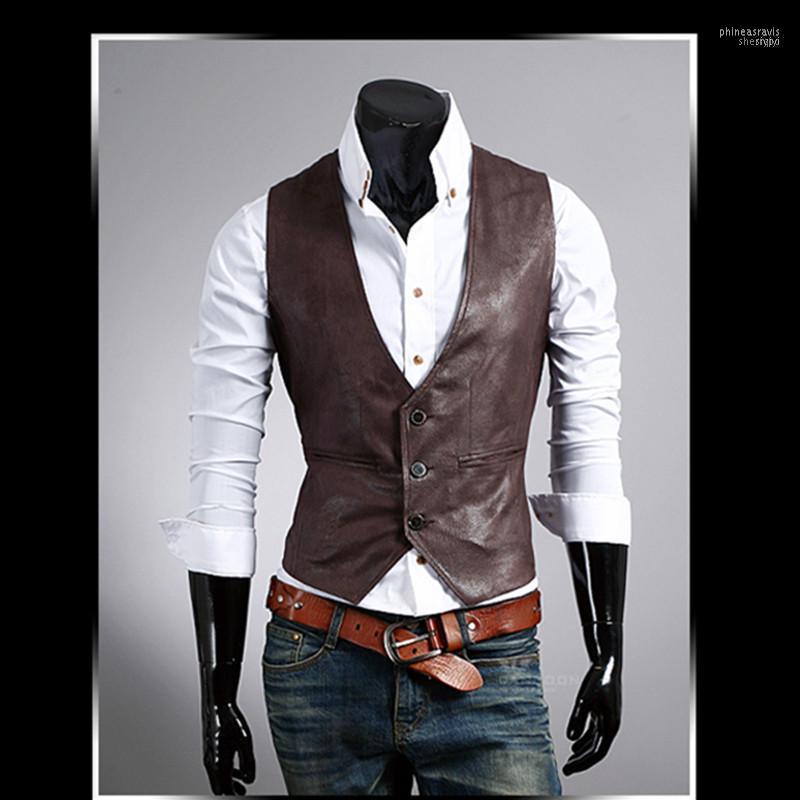 

Men's Vests 2022 Men Leather Dress Vest Autumn Spring Style Fashion Sleeveless Jacket Casual Brown Black Slim PU1 Phin22