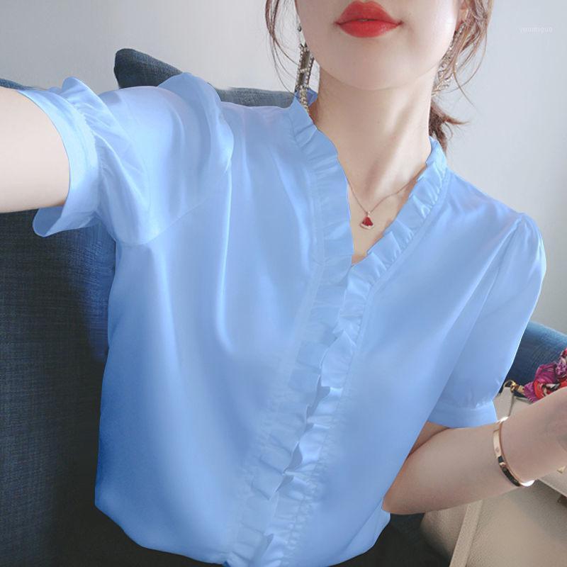 

Women's Blouses & Shirts Blouse Women Puff Sleeve V-neck Chiffon Shirt Width Loose Summer Top T-shirt Blusas Mujer De Moda, Lotus root color