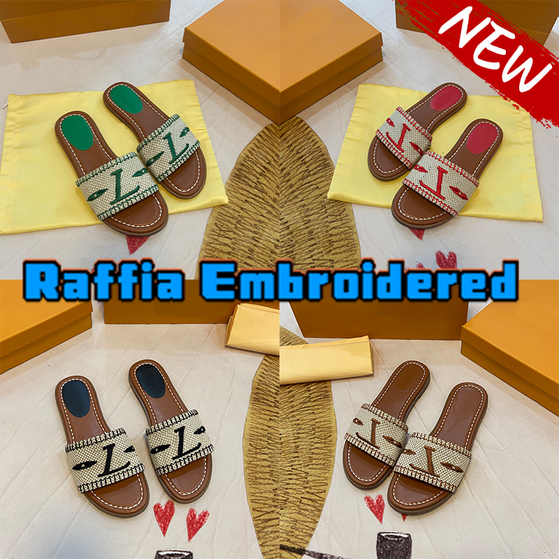 

New Raffia Embroidered Flat Mules slipper designer slides luxury sandals women slippers Pine Green Fuchsia Pink beach sandal Indoor Outdoor slide shoe with box, 07 sky blue