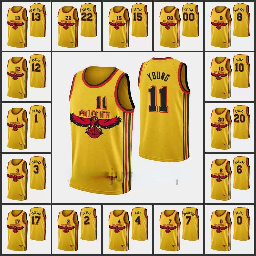 

2021-22 Printed Atlantas Men Lou Williams Trae Young De'Andre Hunter Cam Reddish Delon Wright 75th Anniversary Hawk jerseys
