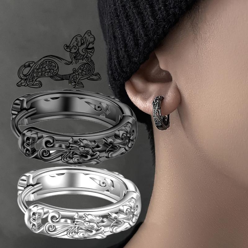 

Hoop & Huggie Vintage Silver Color Hollow Black Dragon Korea Earrings Pattern Earring For Men Women Classic Ear Tragus Cartilage JewelryHoop