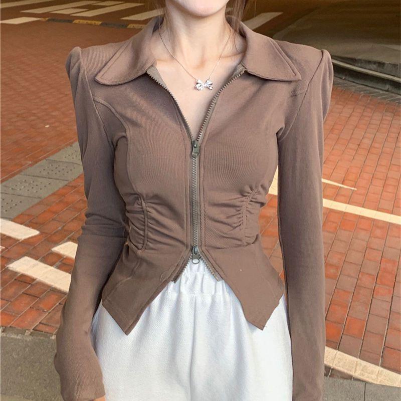 

Women's Knits & Tees Autumn Zipper Knitted Sweater Women Turndown-Collar Long Sleeve Elastic Tops Winter Fashion Basic SweatersWomen's