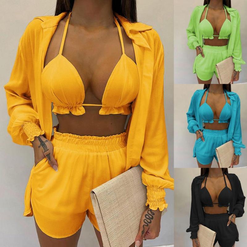 

Women' Tracksuits 1 Set Stylish Camisole Coat Shorts Turndown Collar Streetwear Women Outfit Simple Pure Color, Blue