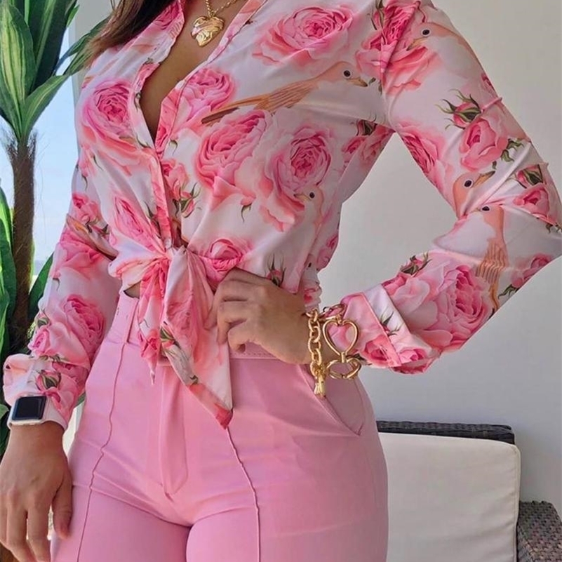 

Women Long Sleeve Floral Printed Tie Knot Top Blouse and Shorts Sets Casual Spring Shirts Female 220813, Pink suit