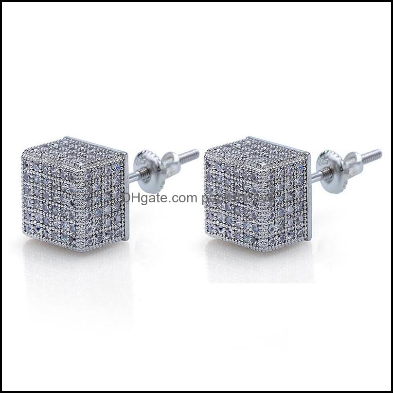 Stud Earrings Jewelry Hip Hop Mens Screwback Fashion Square White Zircon Dangle Gold Plated Vintage Geometric Wholesale Drop Delivery 2021 8