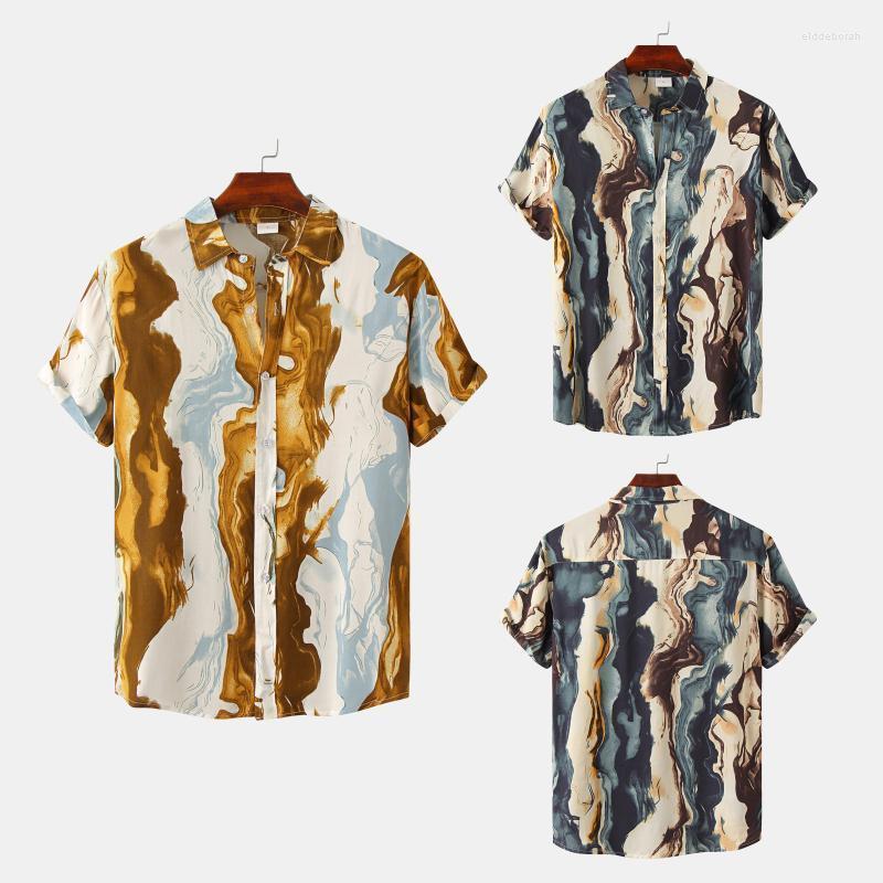 

Men's Casual Shirts Mens Vintage Ethnic Printed Blouses Summer Oversized Beach Short Sleeve Blusas Plus Size Classic Turn-down Collar Button, Gold
