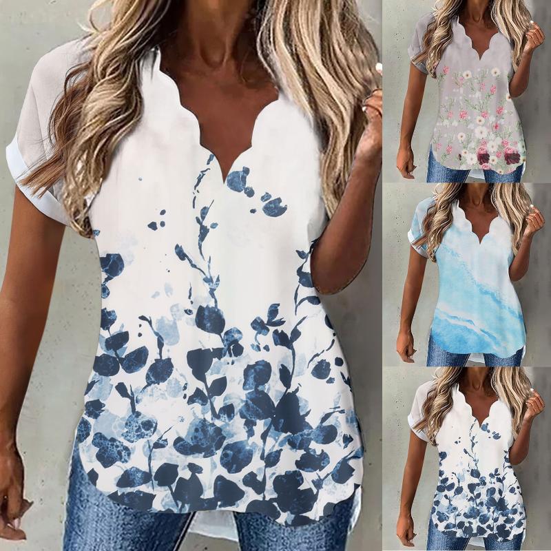 

Women' Blouses & Shirts Summer Tee Shirt Women Short Sleeve Wavy V Neck Fashion Floral Printed Female Tops Casual Loose T-shirts Blouse T, White