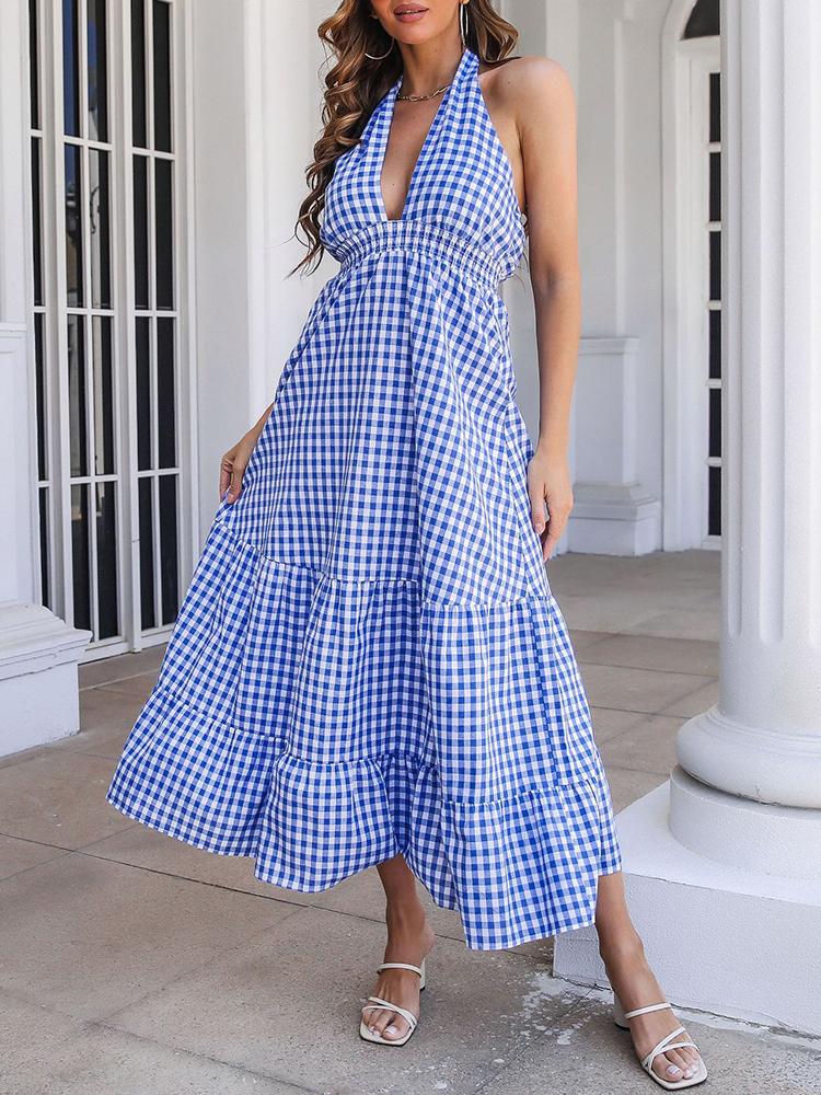 

Casual Dresses Lady Halter Neck Dress Summer Sleeveless Backless Maxi Beach Holiday Party A Line Pleated 2022Casual, 01 black