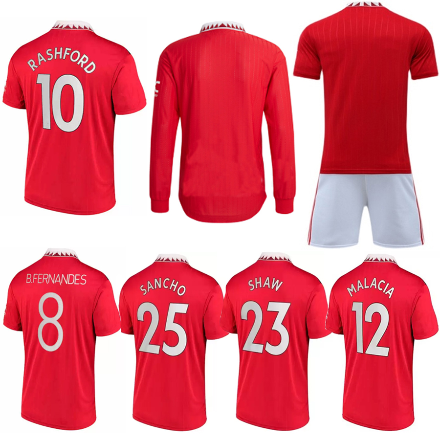 

SANCHO 22 23 soccer jerseys player fans RASHFORD SHAW POGBA 2022 2023 football shirts MARTIAL B. FERNANDES top men kids kits short long sleeves set uniform customized, 22 23 red long sleeve home kit+socks