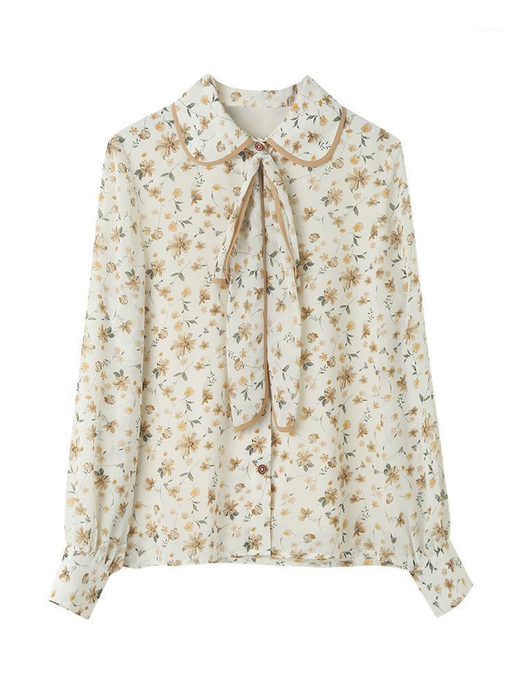 

Women's Blouses & Shirts Long Sleeve Retro Chiffon Blouse Loose Autumn Doll Collar Floral Shirt Lantern Sleeves Blusa Mujer EF50CB, Creamy-white