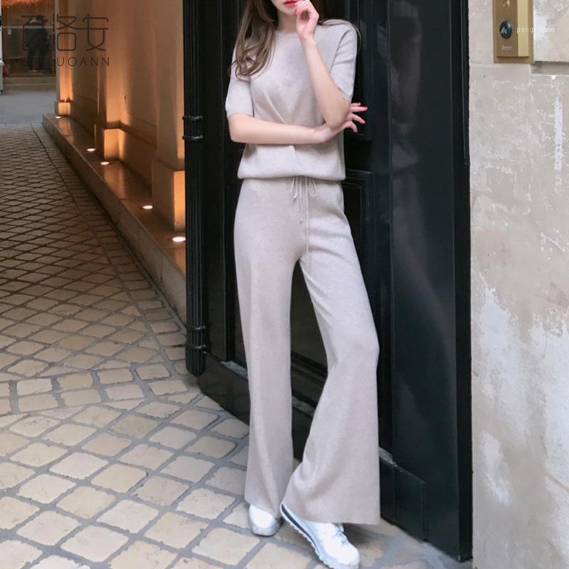 

Piece Set Women Suit Female 2022 Spring Summer Fashion Solid Color Lady' Short Sleeve Knitted Wide Leg Trousers Women' Tracksuits