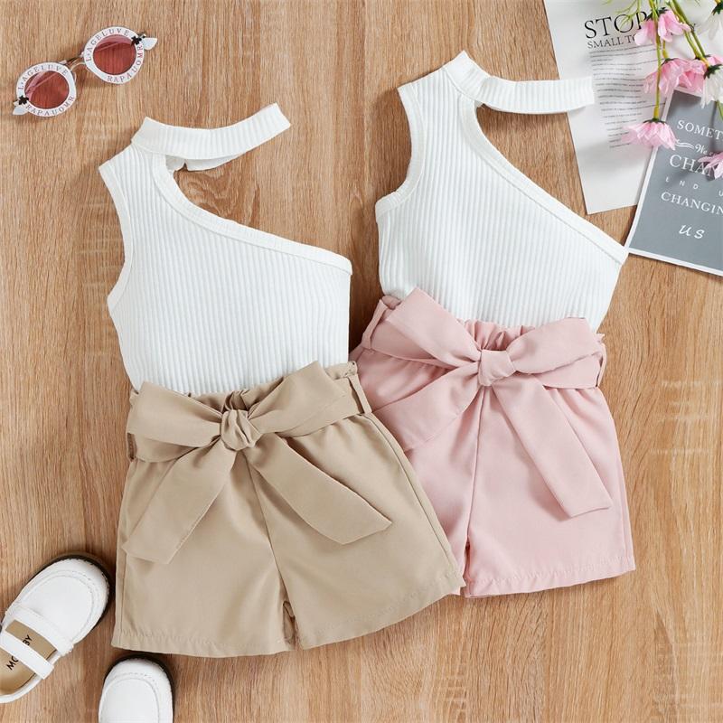 

Clothing Sets 0-4Y Kids Girls Fashion Clothes Halter One Shoulder Solid Ripped Vest Tops Shorts Waist BeltClothing, Beige