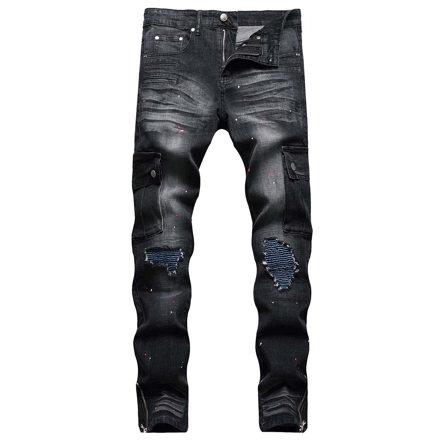 Jean noir pour hommes, coupe cintrée, poche latérale, pantalon droit de motard en Denim, pantalon de moto Hip Hop pour hommes, grande taille 30-4