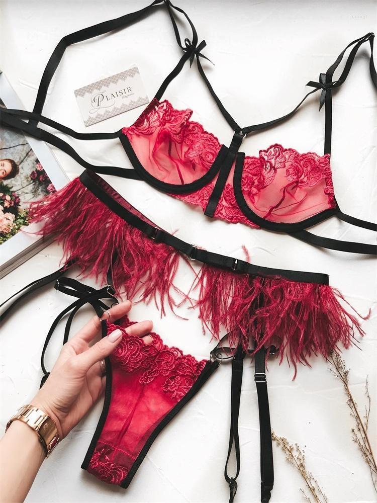 

Bras Sets Women Sexy Mesh Lingerie Set 3 Pcs Transparent Bra With Under Wire Feather Garter Sheer G-string, Red