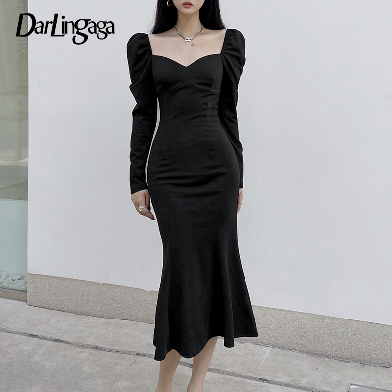 

Darlingaga Fashion Elegant Square Neck Long Sleeve Black Dress Spring Autumn Korean Slim Solid Ladies Mini Dress Party Clothing