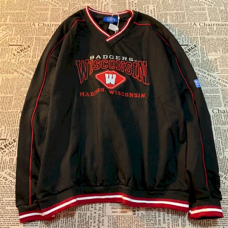 

Cotton T-shirt spring autumn retro V-neck letter printing sweatshirt men women couples loose hip hop cool clothes streetwear 220321, Black