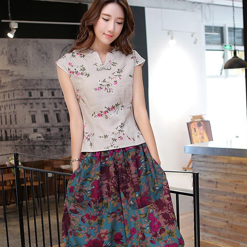 

Ethnic Clothing Chinese Linen Blouse V Neck Woman's Shirt Traditional Top Style Cheongsam Vestido ChinoEthnic