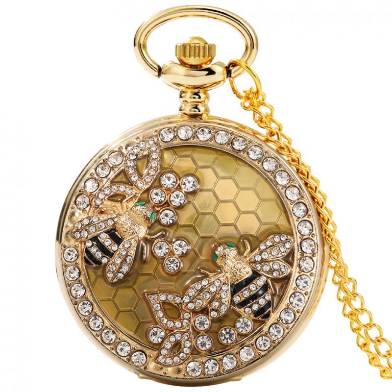 

Pocket Watches Crystal Diamond Bee Flowers Quartz Watch Charming Necklace Jewelry Luxury Gold Pendant Chain Diamond-encrusted FOB Clock, Bee watch
