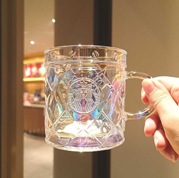 Starbucks 2022 Valentine's Day cup boyfriend and girlfriend gift 350ml checkered glass shining coffee cup-image-759404046