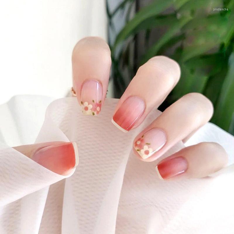 

False Nails 24PCS Summer Flower Printed Press On Red Flowers Korean Style Full Finished Fake Nail Piece For Women & Girls Prud22, Jelly glue model