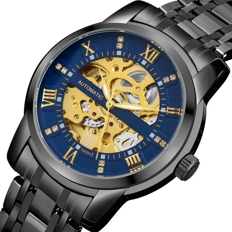 

Wristwatches Luxury Automatic Watch For Men Black Blue Dial Gold Skeleton Hollow Clock Stainless Steel Mechanical Business Dress WristwatchW, Silver black