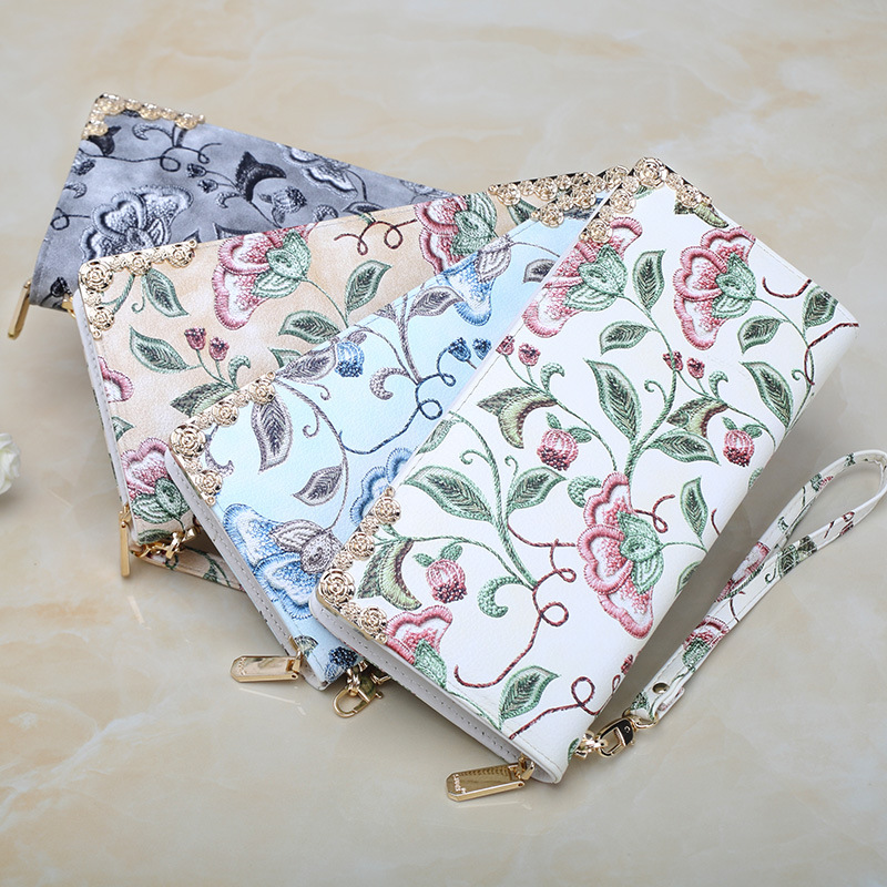 

3pcs Ladies purse long zippered bag Large capacity mobile phone bags embroidered handbag, Blue