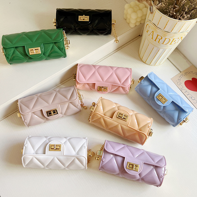 

girls Candy color jelly handbags fashion kids PVC diagonal cylinder bag Small gold ball chain one shoulder bags 2022 summer purse F1196, Pink