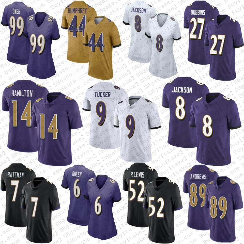 

8 Lamar Jackson Kyle Hamilton 9 Justin Tucker Football Jerseys Mark Andrews Ray Lewis Odafe Oweh Diego Fagot Ed Reed Baltimores Raven Jersey JK Dobbins Rashod Bateman, Women