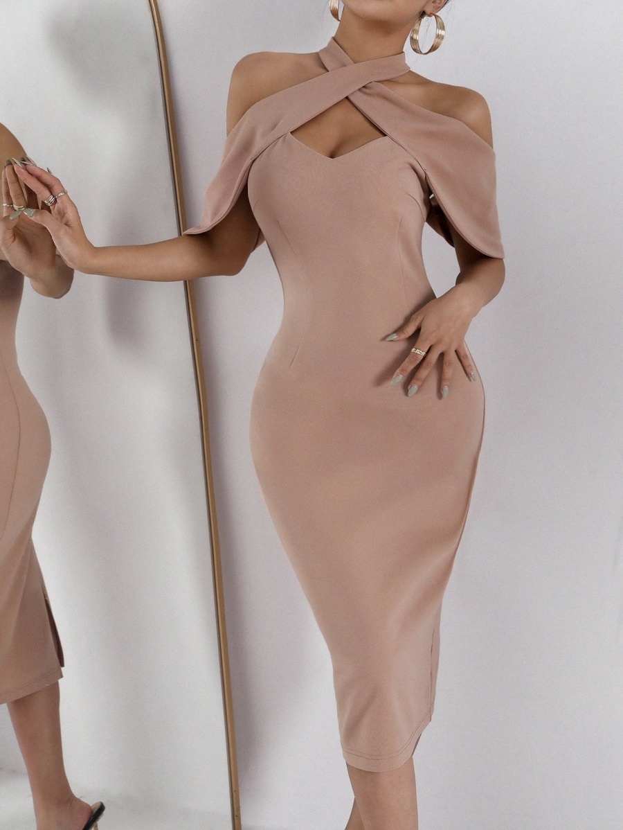 

sxy Cross Cold Shoulder Split Back Bodycon Dress y4nh#, Dusty pink