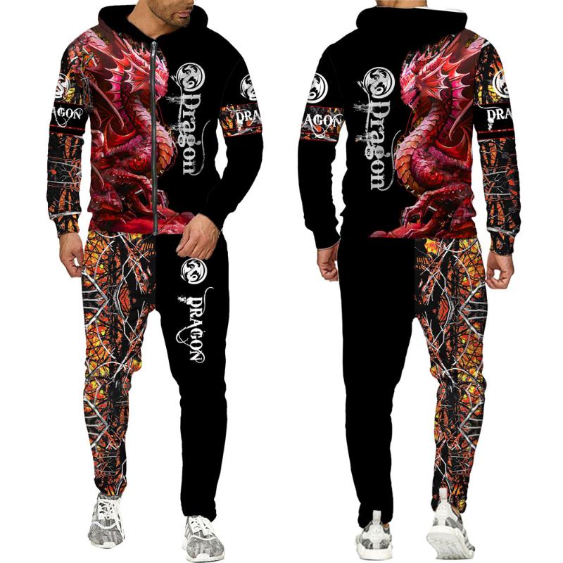

Men's Tracksuits Tattoo Dragon 3D Printed Mens Hoodies Sweatshirt Streetwear Zipper Pullover Casual Suits Sport SetsMen's